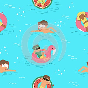 Vector seamless pattern with children on inflatable rings. Repeating background with kids floating on the funny rubber circles.