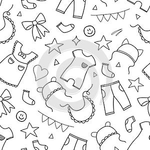 Vector seamless pattern children\'s clothing in doodle style