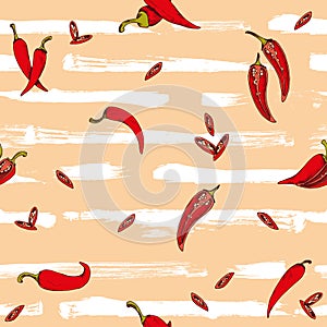 Vector seamless pattern with chili peppers food and vegetables on a grunge stripes with whitel brush strokes