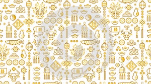 Vector seamless pattern in Chinese style design, gold elements on white background. Ox Zodiac sign, Symbol of 2021 on the Chinese