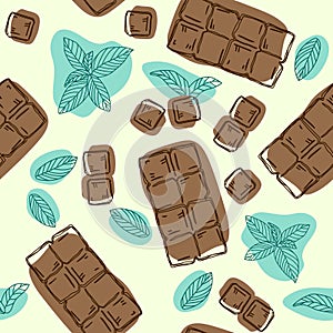 Vector seamless pattern with chocolate and mint flavor. Food background. Hand drawn illustration.