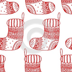 Vector seamless pattern of Christmas decorative symbol - sock. Christmas decorative texture of stocking on white background
