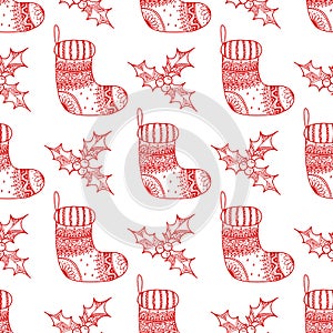 Vector seamless pattern of Christmas decorative symbol - sock and holly. Christmas decorative texture of red stocking and holly