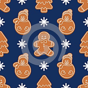 Vector seamless pattern with Christmas gingerbread: little men, Christmas trees, snowmen. Festive blue background
