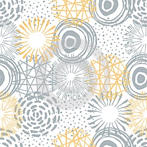 Vector seamless pattern. Circle texture with doodle and scribble shaps. Hand drawn shapes. Gray and yellow.