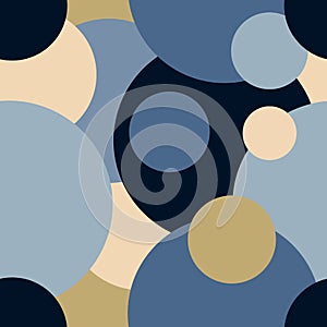 Vector seamless pattern from circles of different sizes and colors. The circles overlap each other. Blue and beige trend