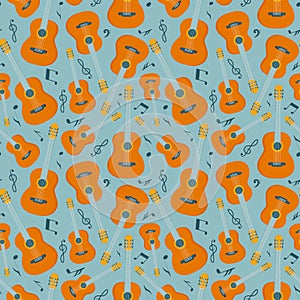 Vector seamless pattern with classic yellow guitars and musical notes. Musical background with stringed musical