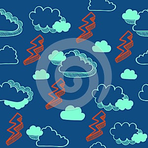 Vector seamless pattern with clouds and lightning in a doodle-style