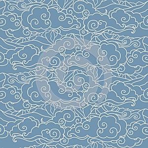 Vector seamless pattern with clouds and mountains in asian style