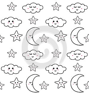 Vector seamless pattern of clouds stars with faces