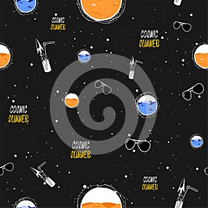 Vector seamless pattern with cocktail, glasses, sand, sea and text cosmic summer