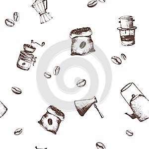 Vector seamless pattern with coffee bag and coffee makers and grinder.