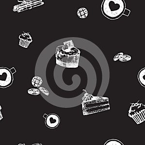 Vector seamless pattern with coffee cups and hearts, cakes, muffins and cinnamon. photo