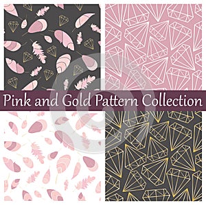 Vector seamless pattern collection. Feather and diamonds,gems,crystals. Stylish,trendy,fashionn pattern set.