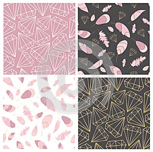 Vector seamless pattern collection. Feather and diamonds,gems,crystals. Stylish,trendy,fashionn pattern set.