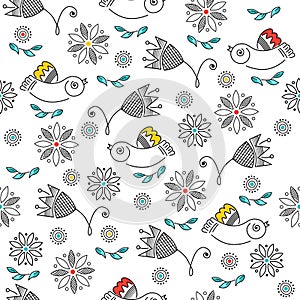 Vector seamless pattern, color drawings of birds, flowers, line art. Embroidery, ornament for background