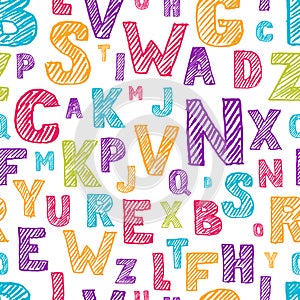 Vector seamless pattern with color hand drawn sketch alphabet. Scratched and hatching letters.
