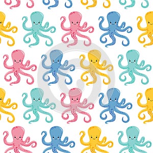 Vector seamless pattern with color octopuses. Cute octopuses have fun