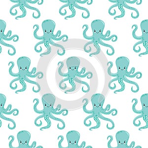 Vector seamless pattern with color octopuses. Cute octopuses have fun