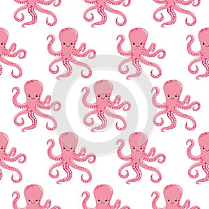 Vector seamless pattern with color octopuses. Cute octopuses have fun