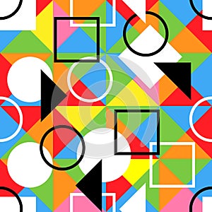 A Vector seamless pattern of colored abstract geometric shapes and grid