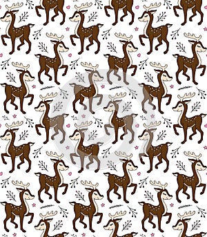 Vector seamless pattern of colored doodle deer