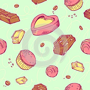 Vector seamless pattern of colored sketches chocolates. Sweet rolls, bars, glazed, comfit, cocoa beans.