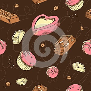 Vector seamless pattern of colored sketches chocolates. Sweet rolls, bars, glazed, comfit, cocoa beans. handmade letters