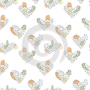 vector seamless pattern of colored spots with lines and hearts with polka dots. beige on colored background