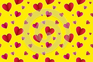 Vector Seamless Pattern, Colorful Background with Paper Folded Hearts, Love Symbols on Bright Yellow Backdrop.