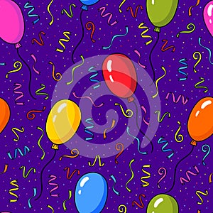 Vector seamless pattern with colorful balloons and confetti over purple background.