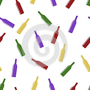 Vector seamless pattern of colorful bottles on a white background.