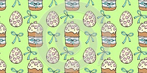 Vector seamless pattern with colorful bows, Easter cakes and eggs. Spring holiday backgrounds and textures