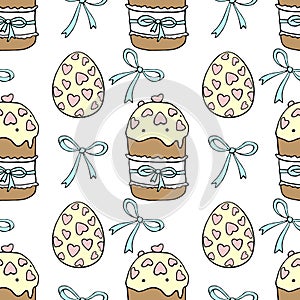 Vector seamless pattern with colorful bows, Easter cakes and eggs. Spring holiday texture with traditional holiday food