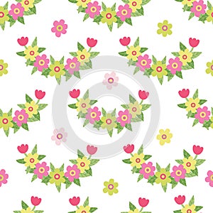 Vector seamless pattern with colorful daisy and tulip flowers
