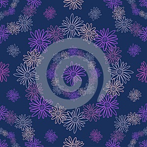 Vector seamless pattern colorful design of bright hand-drawn flowers in circles in dark blue tones