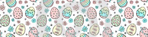 Vector seamless pattern with colorful Easter eggs, flowers. Spring hand drawn doodle, holiday tradition texture