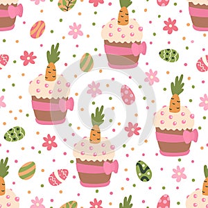 Vector seamless pattern with colorful eggs, daisy flowers and Easter cakes decorated with carrots.