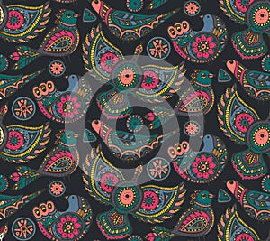 Vector seamless pattern with colorful ethnic ornate birds.