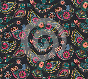 Vector seamless pattern with colorful ethnic ornate birds.