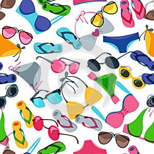 Vector seamless pattern with colorful hand drawn sunglasses, swimsuits and flip flops.