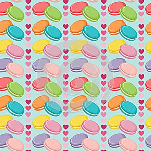 Vector seamless pattern with colorful macaroon cookies, french biscuits, hearts