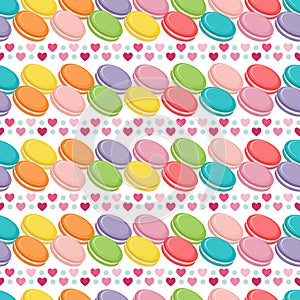 Vector seamless pattern with colorful macaroon cookies, french biscuits, hearts