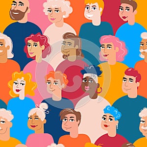Vector seamless pattern with colorful multiracial women and men. Background on the theme of people, friendship, crowd