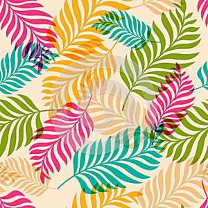 Vector seamless pattern of colorful palm tree leaves. Nature org