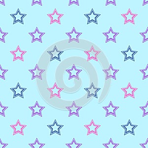 Vector seamless pattern with colorful stars on blue background.