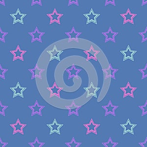 Vector seamless pattern with colorful stars on dark blue background.