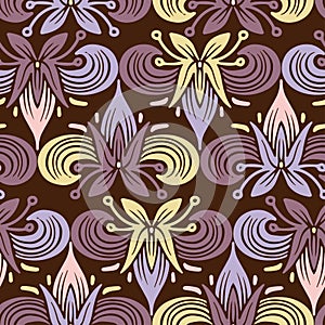 Vector seamless pattern colorful tender design of lined abstract silhouettes of flowers