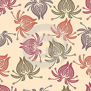 Vector seamless pattern colorful tender design of lined silhouettes flowers