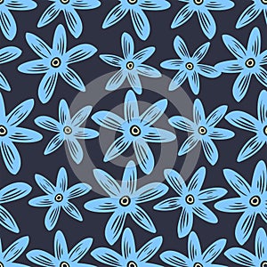 Vector seamless pattern colorful tender design of lined silhouettes flowers in blue tones
